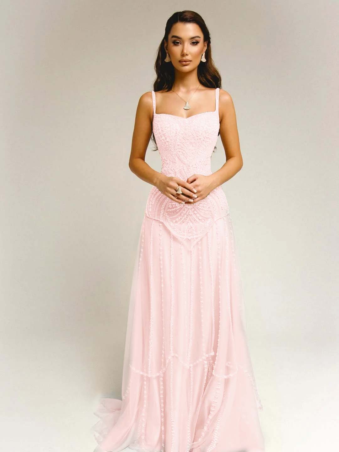 Tulle Square Neck Spaghetti Straps Strapless Sleeveless Long A-Line Prom Dress With Beadings YK0789