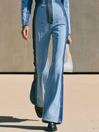 Casual Retro Color-blocked Denim Long-sleeved Zippered Flared Jumpsuit