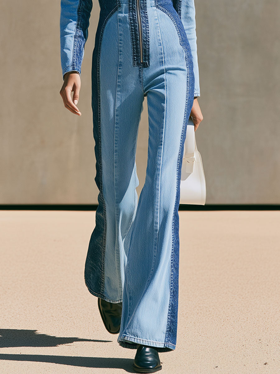 Casual Retro Color-blocked Denim Long-sleeved Zippered Flared Jumpsuit