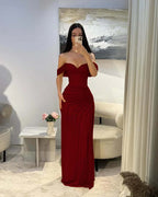 Cocoslly Satin Off-The-Shoulder Sleeveless Long Prom Dress With Pleated