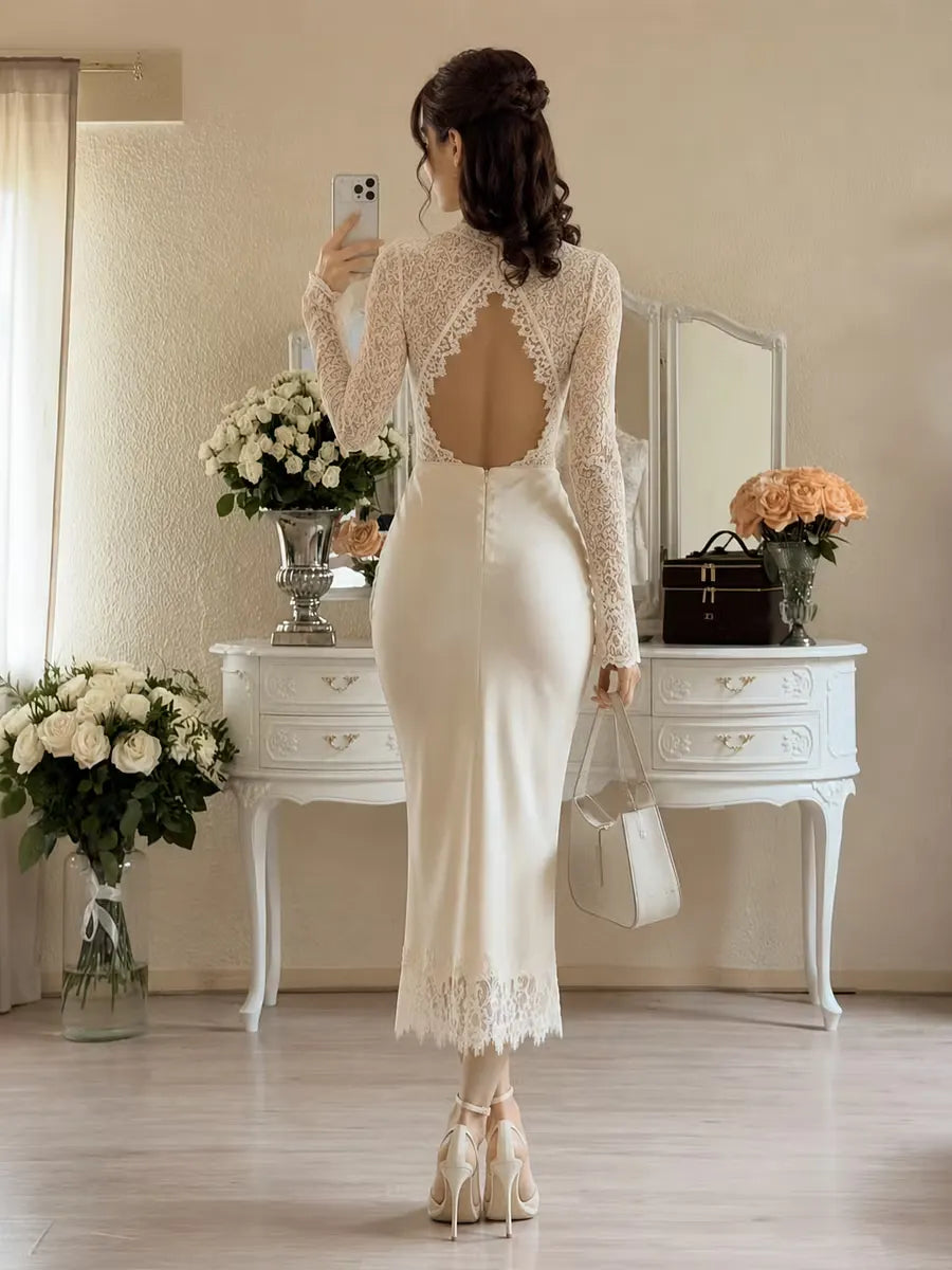 Cocoslly Long Sleeves High Waist Long Mermaid Prom Dress | White Lace And Satin JZ0165