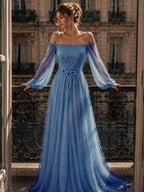 Cocoslly Off-The-Shoulder Long Sleeves High Waist Long Prom Dress With Sequins | Mist Mint Green Tulle LX0086