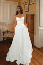 Cocoslly Sweetheart Strapless Sleeveless High-Waisted Long A-Line Pleated Prom Dress | Ivory Chiffon ZA0311