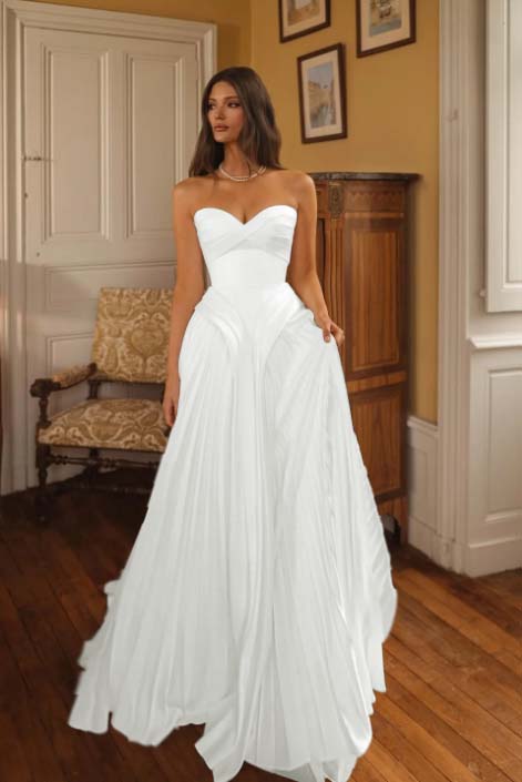 Cocoslly Sweetheart Strapless Sleeveless High-Waisted Long A-Line Pleated Prom Dress | Ivory Chiffon ZA0311
