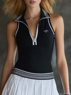 Retro Fashion Sports Lapel Front Zip With Pleated Hem Tennis Mini Dress