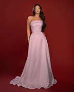 Satin Strapless Sleeveless High-Waisted Long A-Line Prom Dress With Beadings YK0662