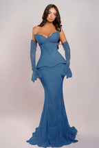 Cocoslly Strapless Sleeveless Long Mermaid Prom Dress With Embroidered And Gloves | Pink Satin And Lace ZA0398