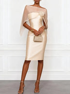 Champagne 3D Floral Mesh Satin Boat Neck Short Sleeve Sheath Midi Dress with Capelet