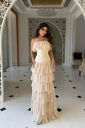 Cocoslly Strapless Sleeveless High Waist Long Prom Dress With Ruffles | Nude Champage Chiffon YC0565