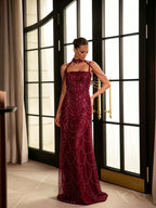 Cocoslly Spaghetti Straps Sleeveless High Waist Long Prom Dress With Rhinstone And Beading Pearls | Nude Sequins LX0091