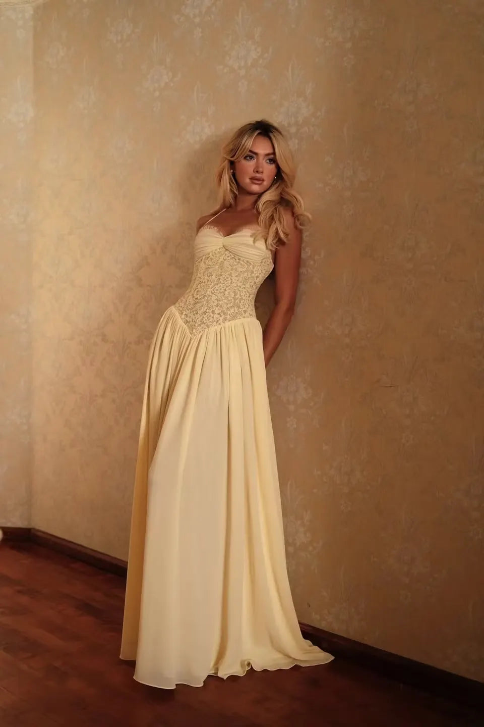 Cocoslly Spaghetti Straps Sleeveless High Waist Long Prom Dress | Glod Champage Chiffon YC0559