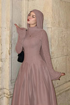 Cocoslly High Neck Long Sleeves High Waist Long Prom Dress With Hat | Burgundy Satin LR0513