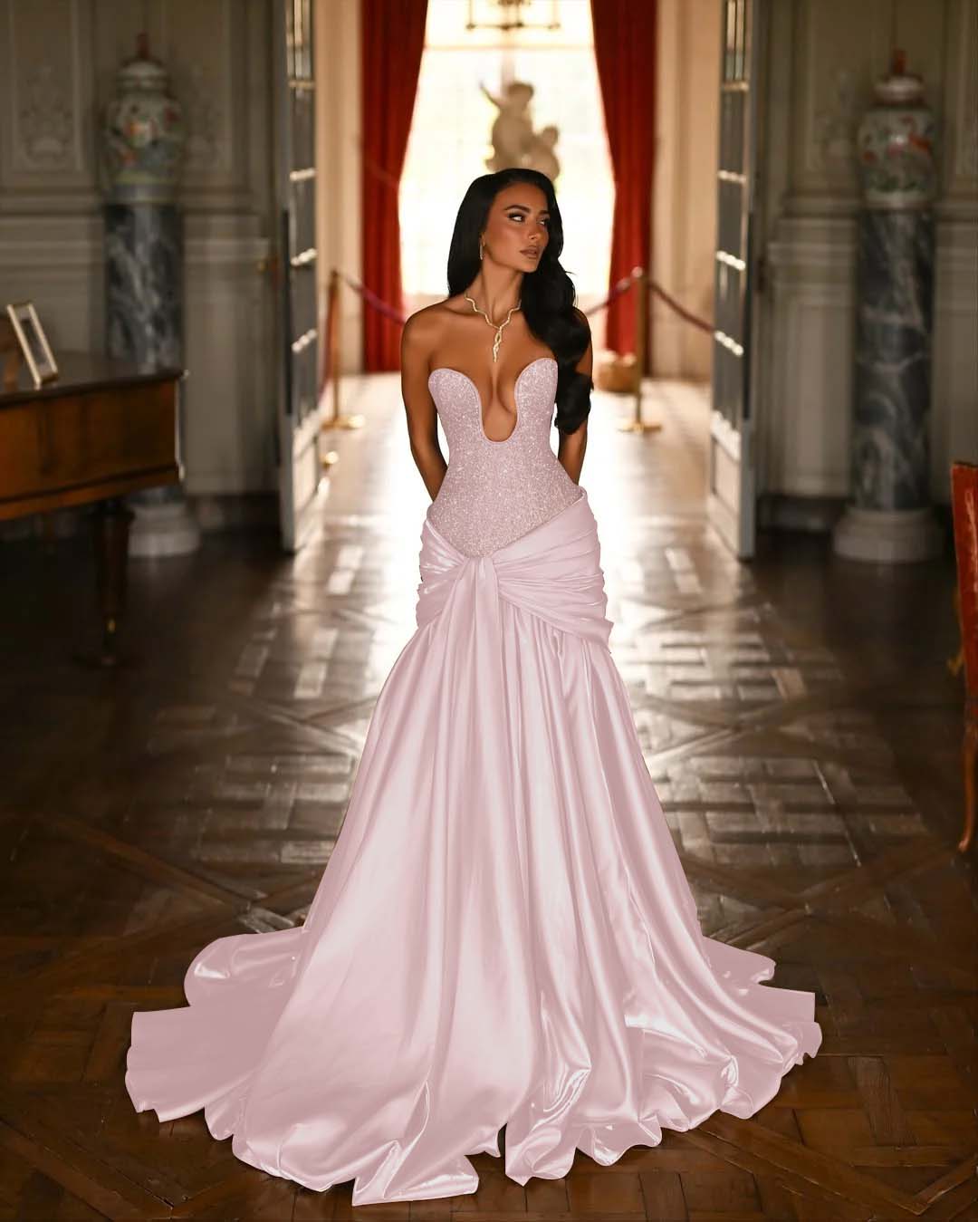 Satin Deep V-Neck Strapless Sleeveless Long Pleated Mermaid Prom Dress With Ruffles And Beadings YK0644