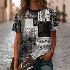 Vintage Music Symbol Black And White Print Spliced Short Sleeve T-shirt