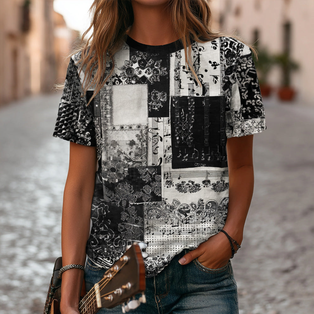 Vintage Music Symbol Black And White Print Spliced Short Sleeve T-shirt