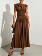 Brown Ruched Knit Boat Neck Cap Sleeve A-Line Maxi Dress