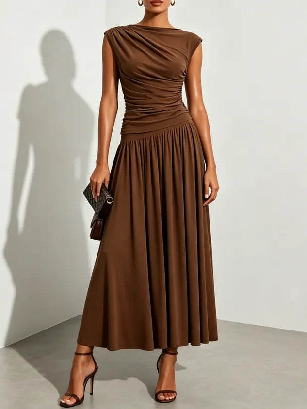 Brown Ruched Knit Boat Neck Cap Sleeve A-Line Maxi Dress