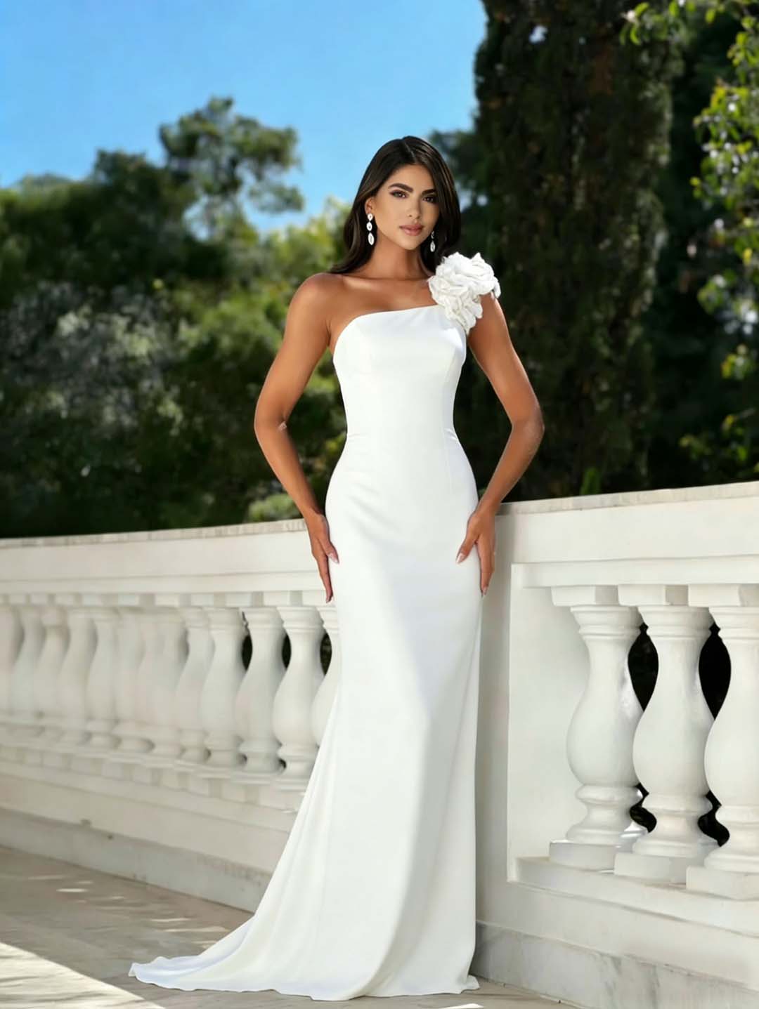 Satin One Shoulder Strapless Sleeveless Long Mermaid Prom Dress With Beadings And Flower YK0640