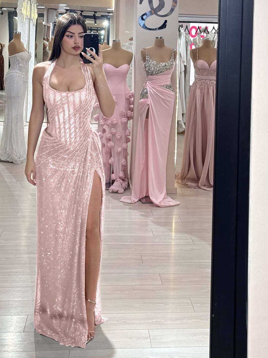 Sequins Halter Sleeveless Long Mermaid Prom Dress With Split YK0358