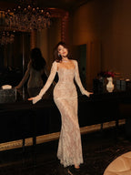 Cocoslly Spaghetti Straps Long Sleeves High Waist Long Mermaid Prom Dress | Ivory Lace CO0159