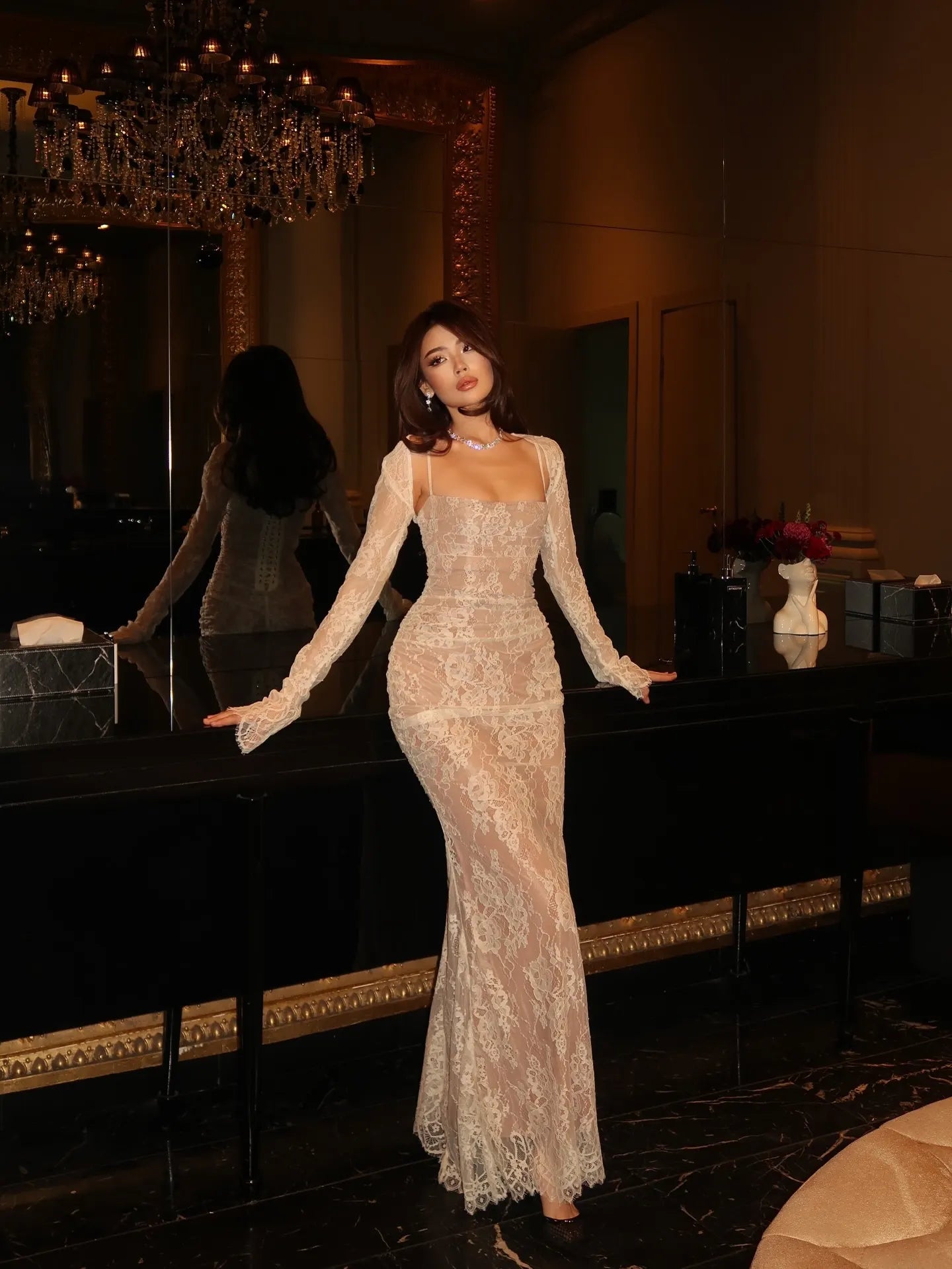 Cocoslly Spaghetti Straps Long Sleeves High Waist Long Mermaid Prom Dress | Ivory Lace CO0159