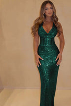 Sequin Halter Sleeveless Long Mermaid Prom Dress With Pleated WQ0091