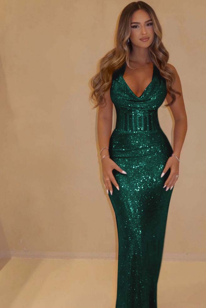 Sequin Halter Sleeveless Long Mermaid Prom Dress With Pleated WQ0091