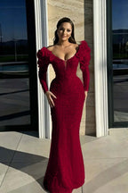 Cocoslly Strapless Long Sleeves High Waist Long Mermaid Prom Dress With Rhinstone And Flowers | Red Sequins WQ0744