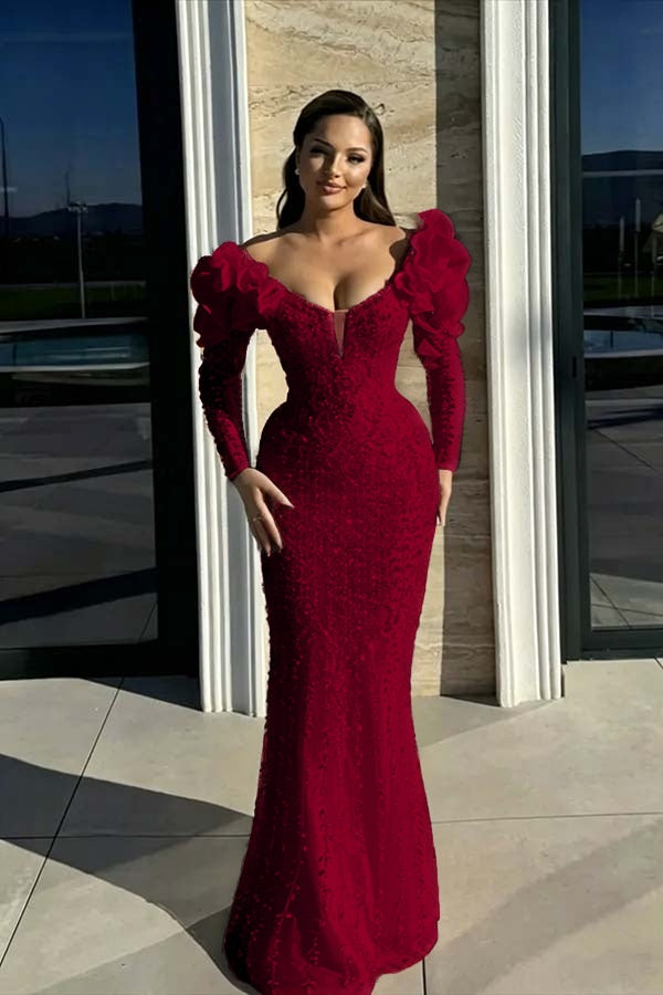 Cocoslly Strapless Long Sleeves High Waist Long Mermaid Prom Dress With Rhinstone And Flowers | Red Sequins WQ0744