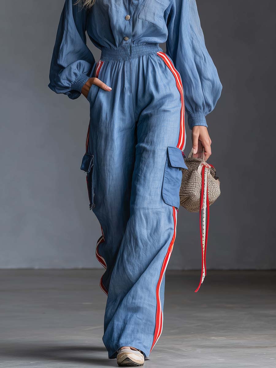 Retro Sporty Blue Cotton-Linen Collared Button-Front Cargo Wide-Leg Jumpsuit