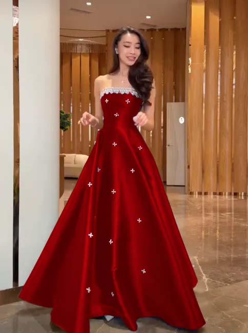 Cocoslly Strapless Sleeveless High Waist Long A Line Prom Dress With Rhinstone | Navy Blue Satin JZ0146