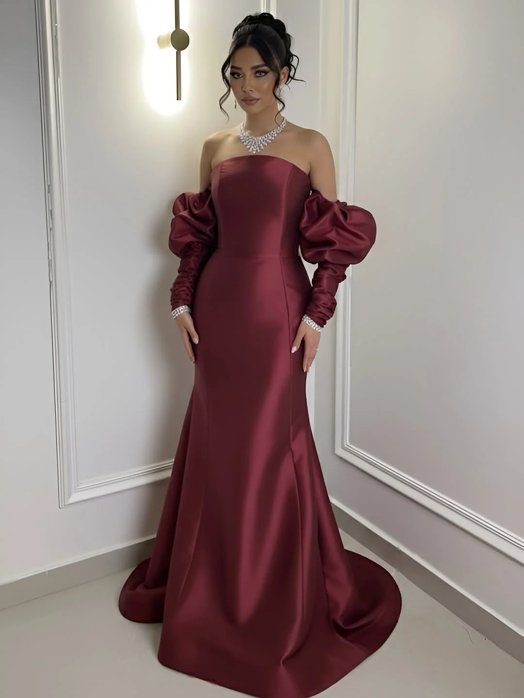 Burgundy Satin Strapless Bubble Sleeves Long Mermaid Prom Dress With Pleated YK0710