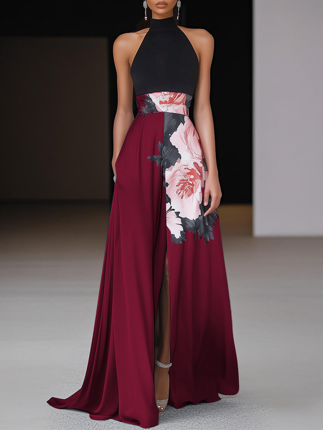 Black Floral Slit Satin Halter Neck Sleeveless A-Line Floor-length Gown Dress
