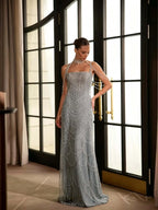 Cocoslly Spaghetti Straps Sleeveless High Waist Long Prom Dress With Rhinstone And Beading Pearls | Nude Sequins LX0091
