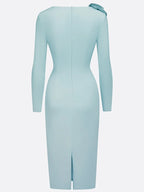Light Blue 3D Floral Ruched Knit Asymmetrical Long Sleeve Sheath Midi Dress