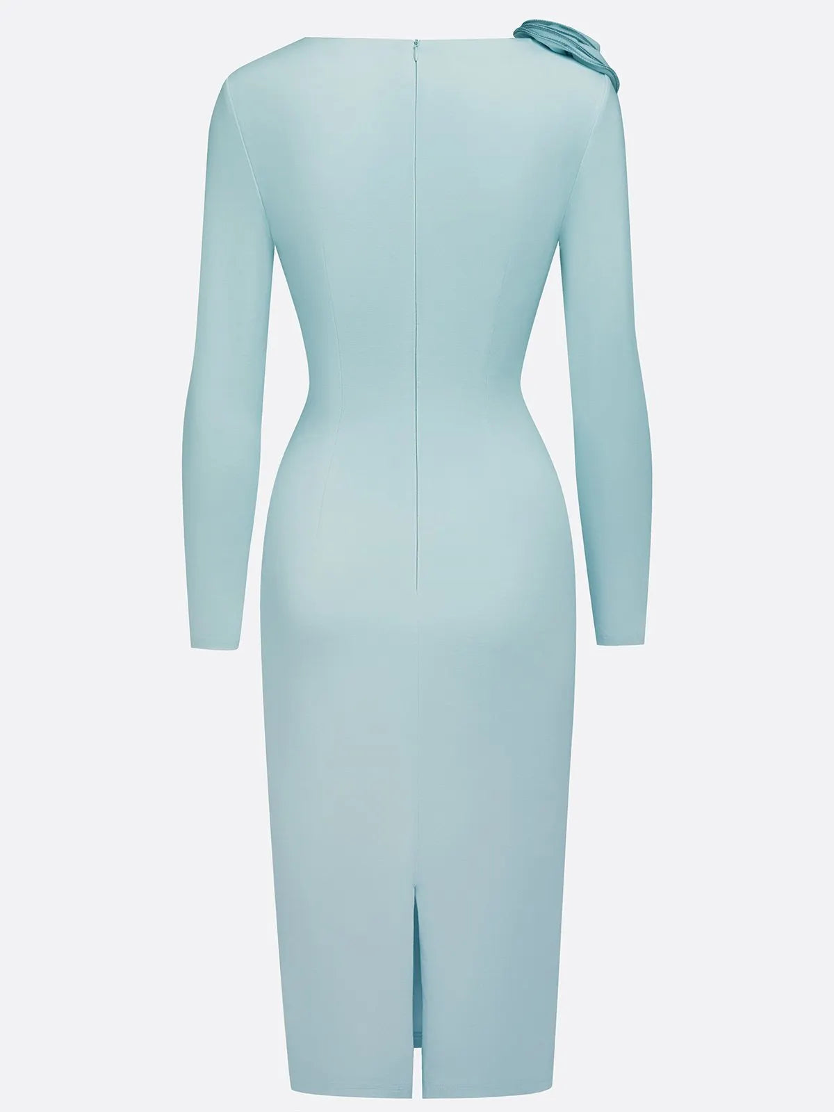 Light Blue 3D Floral Ruched Knit Asymmetrical Long Sleeve Sheath Midi Dress