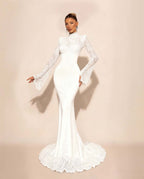 High Neck Lace Long Sleeves Long Mermaid Prom Dress With Pleated YK0572
