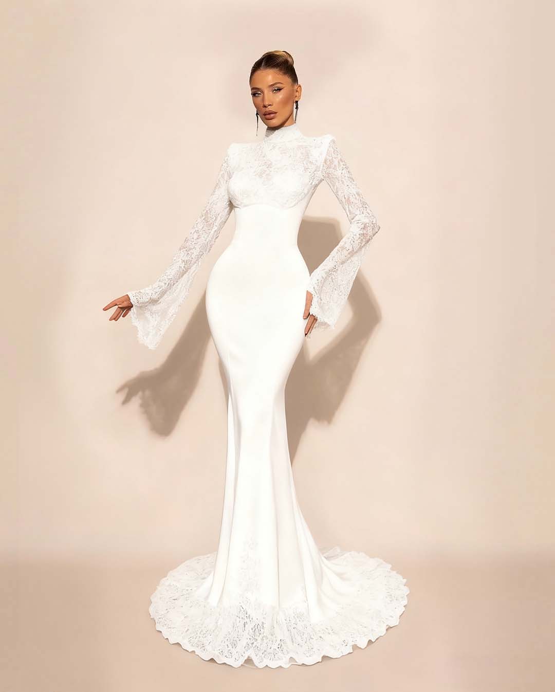High Neck Lace Long Sleeves Long Mermaid Prom Dress With Pleated YK0572