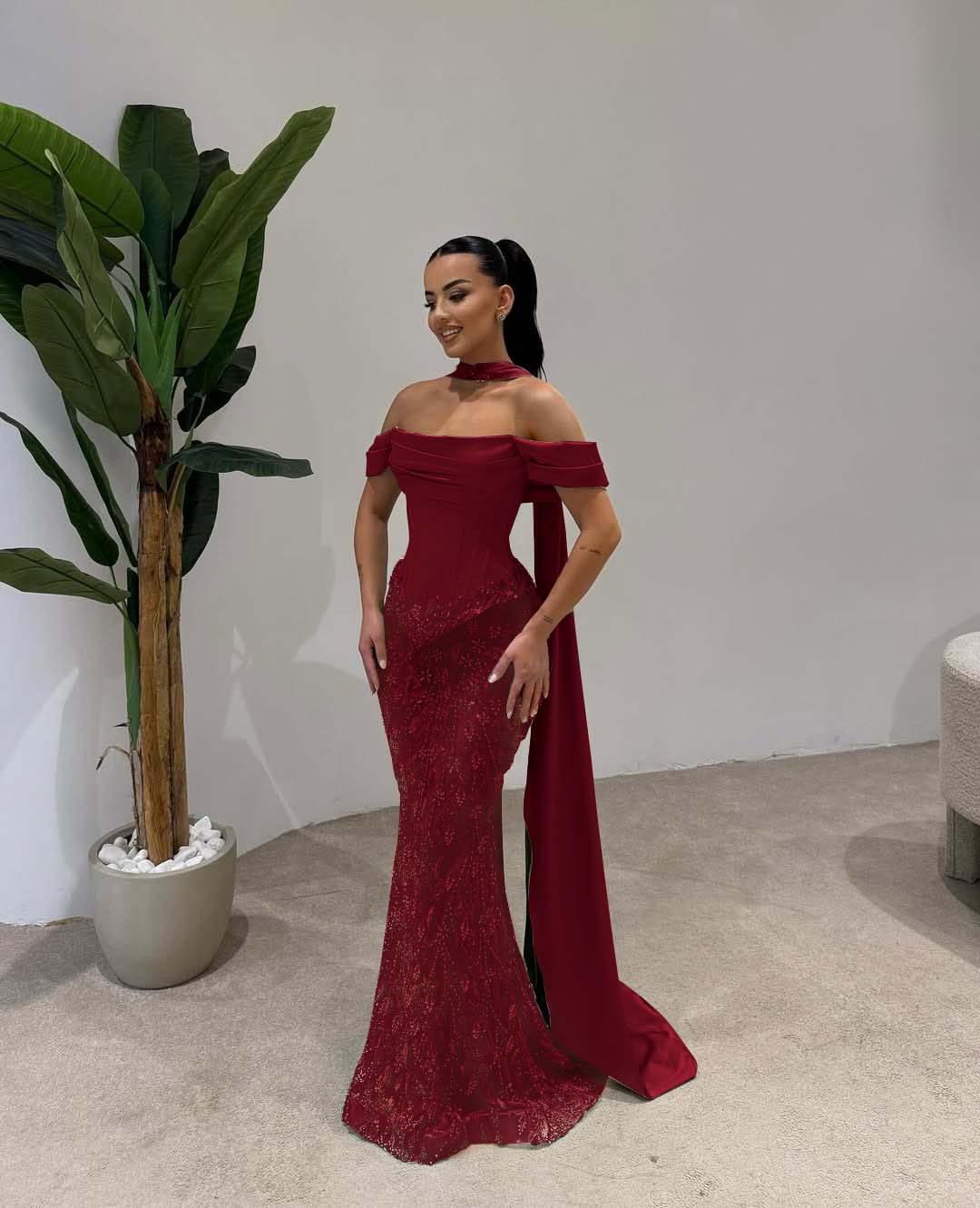 Cocoslly Off-The-Shoulder Long Pleated Mermaid Prom Dress With Beaded-Embroidered And Scarf | Dusty Sage Satin And Tulle ZA0306
