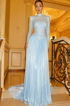 Cocoslly High Neck Long Sleeves High Waist Long Prom Dress With Sequins | Champage Chiffon YC0572