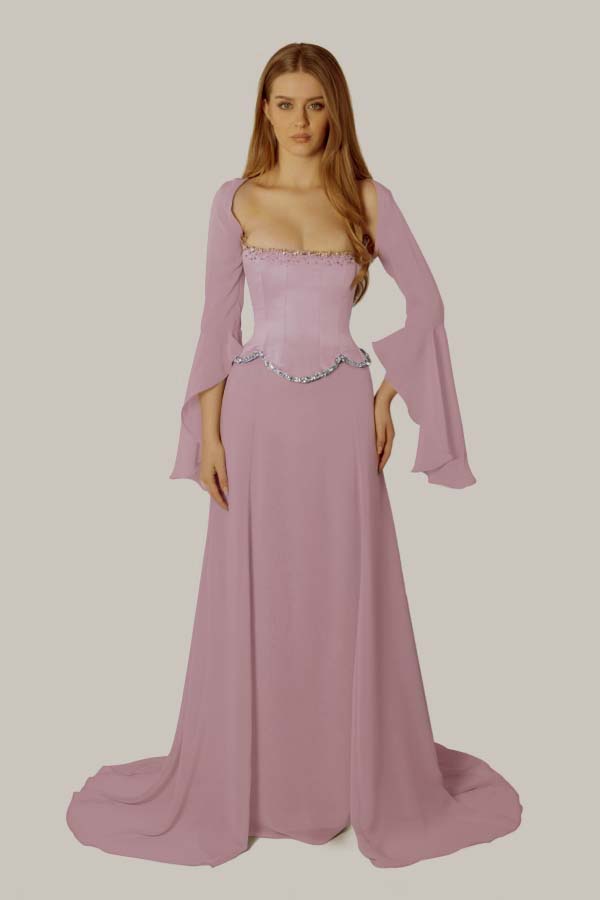 Chiffon Long Sleeves Long Mermaid Prom Dress With Beading Pleated WQ0386