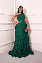 Cocoslly One Shoudler Sleeveless High Waist Long Prom Dress With Ruffles | Forest Green Tulle ZT0560