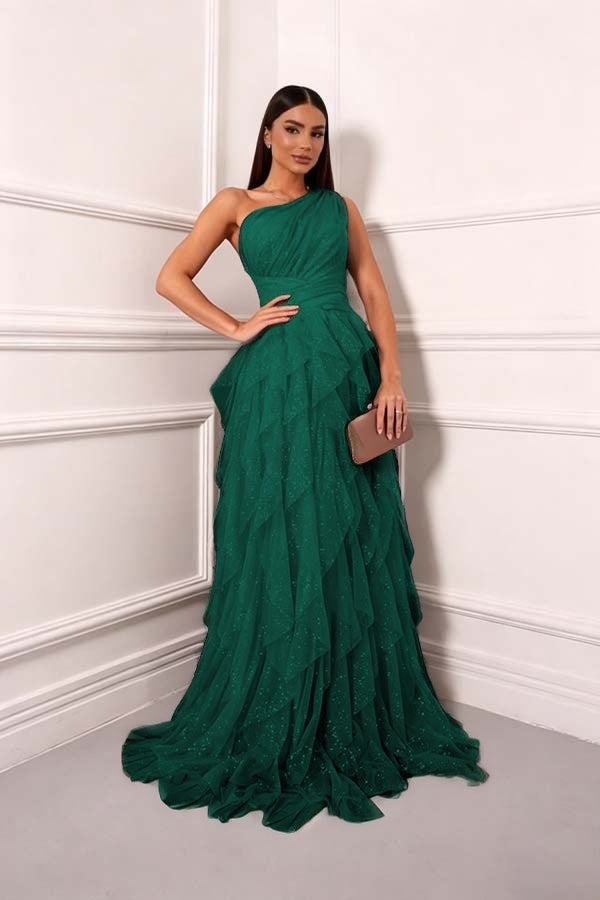 Cocoslly One Shoudler Sleeveless High Waist Long Prom Dress With Ruffles | Forest Green Tulle ZT0560