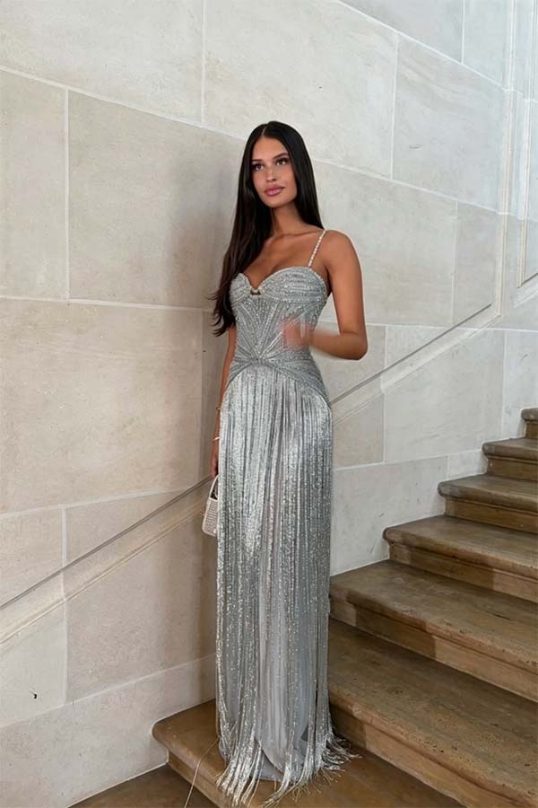 Cocoslly Spaghetti Straps Sleeveless High Waist Long Prom Dress With Tassel And Rhinstone | Champage Chiffon WQ0759