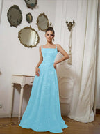 Square Neck Spaghetti Straps Sleeveless Long A-Line Prom Dress With Sequins And High Beadings YK0573