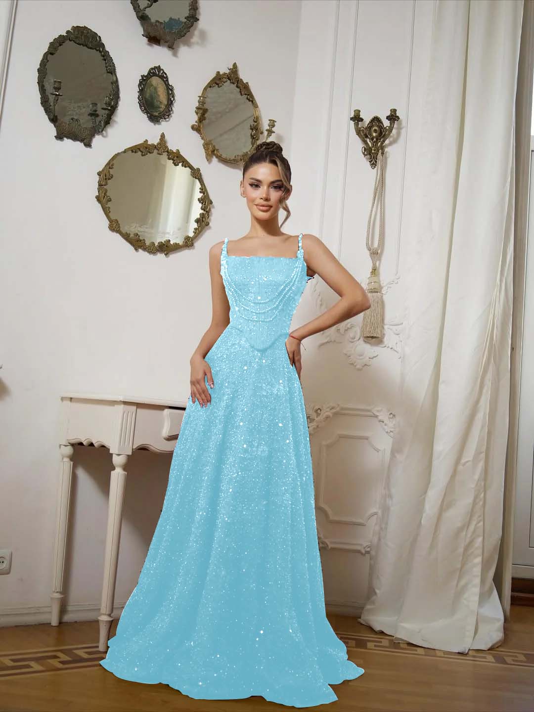 Square Neck Spaghetti Straps Sleeveless Long A-Line Prom Dress With Sequins And High Beadings YK0573