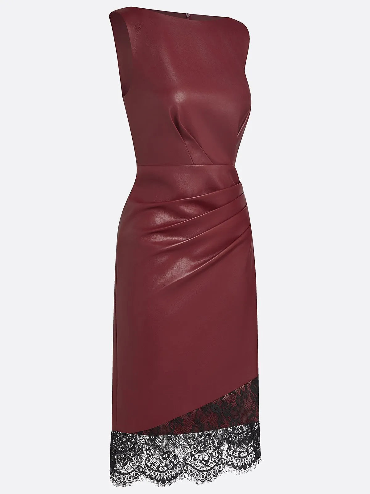 Burgundy Faux Leather Lace Ruched Classic Boat Neck Sleeveless Shift Midi Dress