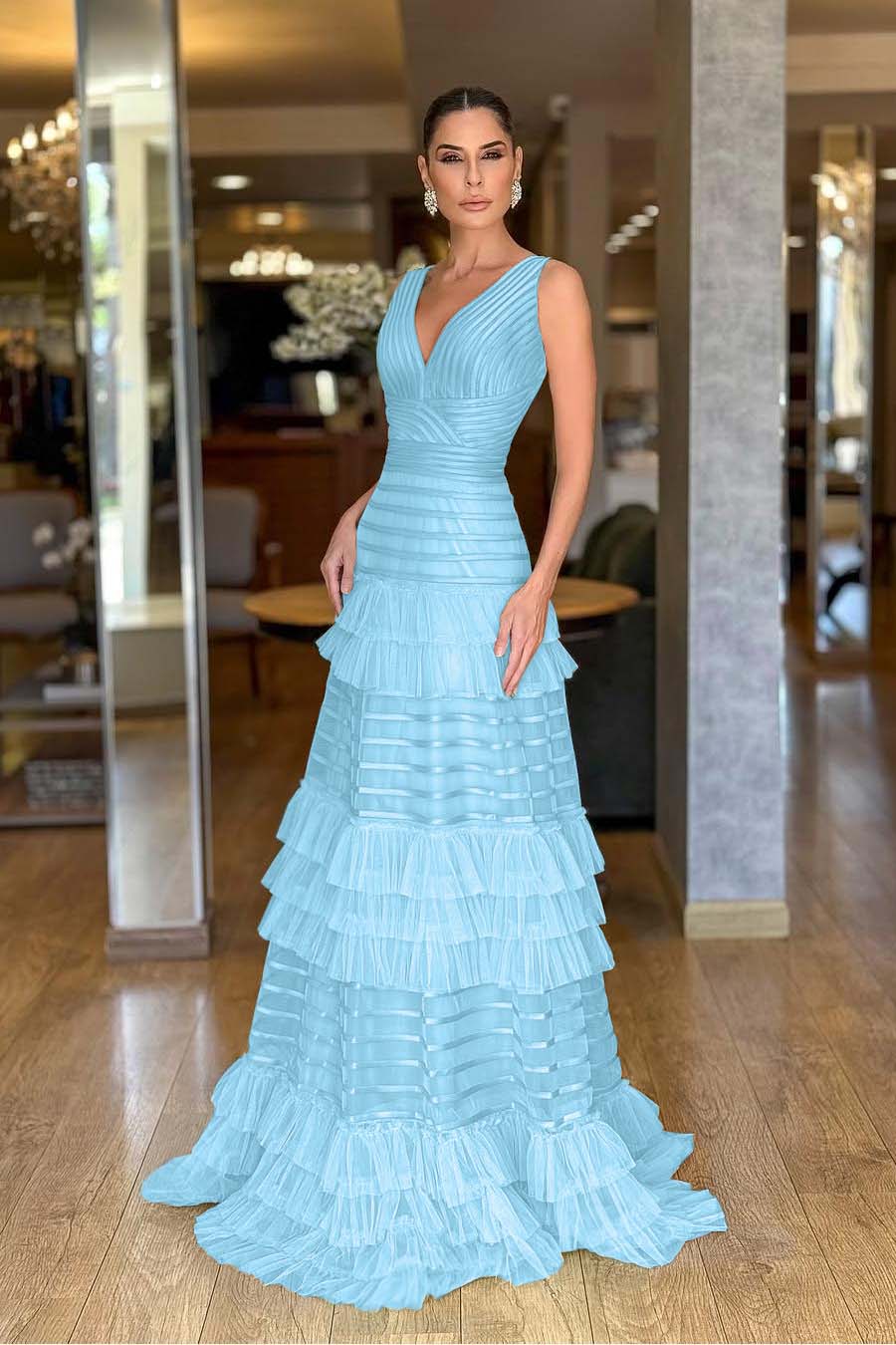 Tulle V-Neck Wide Shoulder Straps Sleeveless Long A-Line Prom Dress With Ruffles And Pleated WQ0149