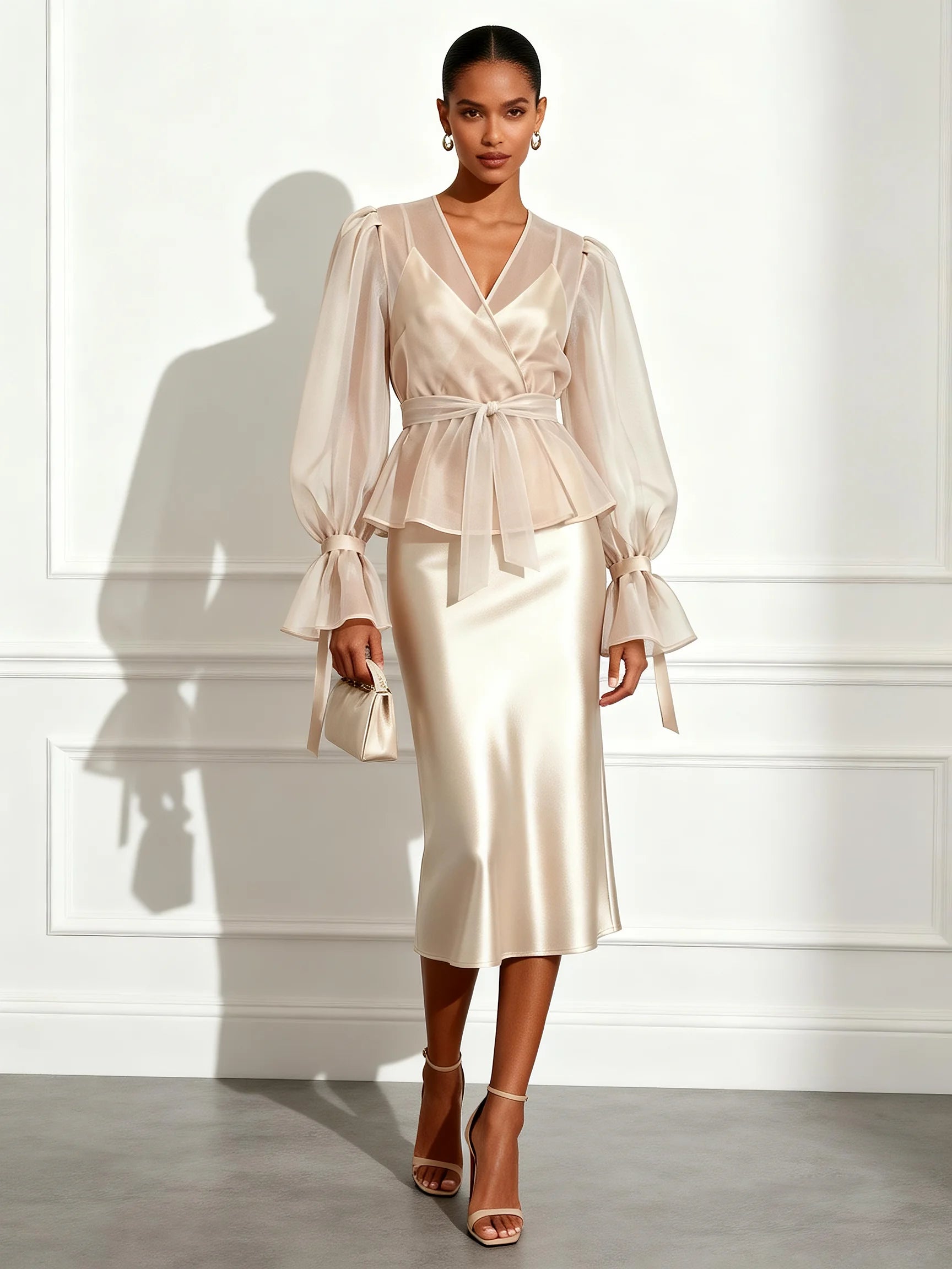 Champagne Mesh Satin V Neck Long Sleeve Bell Sleeve Sheath Midi Dress