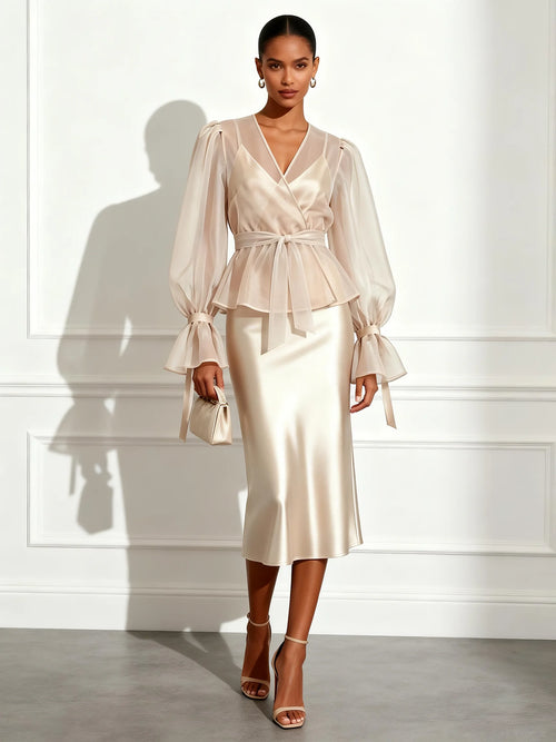 Champagne Mesh Satin V Neck Long Sleeve Bell Sleeve Sheath Midi Dress